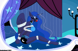 Size: 793x524 | Tagged: animated, anthro, artist:quakehoof, ballgag, bed, bondage, bound wings, bra, breast bondage, breasts, bridle, busty princess luna, clothes, collar, deep breath, derpibooru import, eyes closed, eyeshadow, female, frame by frame, gag, gif, hands behind back, horn ring, knee tied, luna's room, lunasub, magic suppression, makeup, panties, princess luna, rope, rope bondage, sitting, solo, solo female, squigglevision, squirming, struggling, suggestive, tack, tied hands, underwear, unguligrade anthro