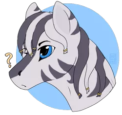 Size: 677x639 | Tagged: artist:catmele0n, bust, derpibooru import, oc, oc:ruzeth, portrait, question mark, safe, simple background, solo, transparent background, unofficial characters only, zebra