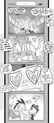 Size: 1451x3300 | Tagged: alicorn, artist:loreto-arts, blushing, comic, comic:friendship is innuendo, derpibooru import, dragon, emberspike, female, heart, love spell, male, mind control, monochrome, princess ember, safe, spike, straight, twilight sparkle, twilight sparkle (alicorn), what a twist