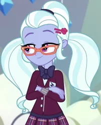 Size: 806x1001 | Tagged: safe, derpibooru import, screencap, sugarcoat, dance magic, equestria girls, spoiler:eqg specials, bowtie, clothes, cropped, crystal prep, crystal prep academy uniform, glasses, hairpin, pigtails, school uniform, skirt, smiling, solo, twintails