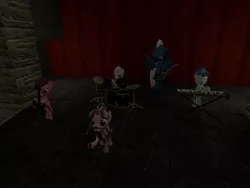 Size: 640x480 | Tagged: safe, artist:eddythecowardlyyoshi, derpibooru import, double diamond, night glider, party favor, starlight glimmer, sugar belle, pony, 3d, band, drums, equal four, gmod, guitar, keyboard, microphone, musical instrument