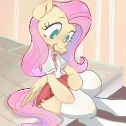 Size: 800x800 | Tagged: safe, artist:jus+ice, derpibooru import, fluttershy, pegasus, pony, semi-anthro, blushing, bread, clothes, cute, female, food, mouth hold, school uniform, shyabetes, skirt, socks, solo, thigh highs, thighs, thunder thighs, toast