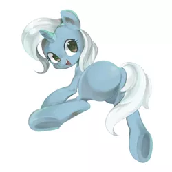 Size: 900x900 | Tagged: suggestive, artist:jus+ice, derpibooru import, trixie, pony, unicorn, cute, diatrixes, featureless crotch, female, looking at you, looking back, looking back at you, missing cutie mark, open mouth, plot, simple background, smiling, solo, solo female, underhoof, white background