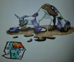Size: 1023x859 | Tagged: safe, artist:bleedingwings12, derpibooru import, rainbow dash, rarity, pony, face down ass up, laughing, mud, traditional art