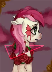 Size: 601x822 | Tagged: semi-grimdark, artist:colorlesscupcake, derpibooru import, roseluck, earth pony, pony, bust, female, floppy ears, flower, mare, petals, portrait, profile, rose, sad, solo, thorns, triangle, wreath