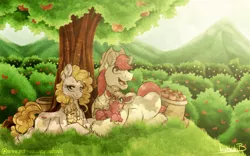 Size: 1024x640 | Tagged: safe, artist:inuhoshi-to-darkpen, derpibooru import, applejack, big macintosh, bright mac, pear butter, earth pony, pony, the perfect pear, apple, apple tree, baby, baby pony, brightbutter, canon couple, chest fluff, colt, colt big macintosh, dappled sunlight, family, female, filly, filly applejack, food, male, mare, pregnant, prone, scenery, shipping, stallion, straight, sweet apple acres, tree, younger