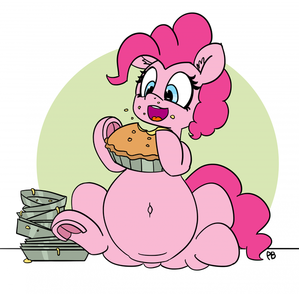 Size: 1280x1258 | Tagged: dead source, safe, artist:pabbley, derpibooru import, pinkie pie, pony, 30 minute art challenge, belly button, eating, fat, female, food, mare, open mouth, pie, pudgy pie, sitting, solo, stuffed, stuffing, that pony sure does love pies, underhoof