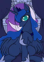 Size: 4300x6082 | Tagged: safe, artist:zemlya, derpibooru import, princess luna, pony, absurd resolution, amused, female, looking at you, messy mane, pixiv, raised hoof, smiling, solo, stare