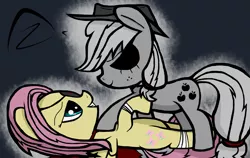 Size: 3000x1900 | Tagged: semi-grimdark, artist:zalgojack, derpibooru import, applejack, fluttershy, earth pony, pegasus, pony, black sclera, dark background, eyepatch, hat, on back, zalgo jack