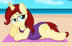 Size: 5000x3171 | Tagged: safe, artist:an-tonio, derpibooru import, oc, oc:golden brooch, unofficial characters only, pony, beach, bedroom eyes, clothes, female, mother, one-piece swimsuit, solo, swimsuit, towel