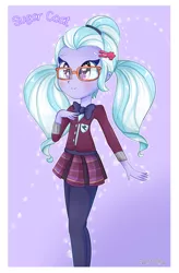 Size: 2300x3500 | Tagged: safe, artist:vixelzf, derpibooru import, sugarcoat, equestria girls, friendship games, clothes, crystal prep academy, crystal prep academy uniform, crystal prep shadowbolts, cute, glasses, leggings, necktie, pantyhose, pigtails, pleated skirt, school uniform, simple background, skirt, smiling, solo, sugarcute