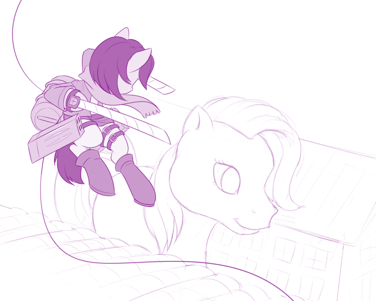 Size: 1000x801 | Tagged: safe, artist:dstears, derpibooru import, ponified, pony, 3d maneuver gear, attack on pony, attack on titan, clothes, crossover, g3, giant pony, macro, mikasa ackerman, monochrome, newbie artist training grounds, scarf, sword, weapon