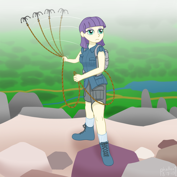 Size: 1500x1500 | Tagged: artist:phallen1, atg 2017, backpack, boots, clothes, derpibooru import, female, grappling hook, human, humanized, light skin, maud pie, mountain, newbie artist training grounds, rolled up sleeves, safe, shoes, shorts, socks, solo