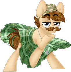 Size: 1024x1043 | Tagged: safe, artist:kellythedrawinguni, derpibooru import, oc, oc:the stache, unofficial characters only, earth pony, pony, cap, facial hair, hat, kilt, male, moustache, simple background, solo, stallion, transparent background, underhoof
