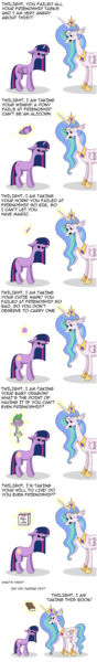 Size: 708x4832 | Tagged: safe, artist:hellarmy, derpibooru import, princess celestia, spike, twilight sparkle, twilight sparkle (alicorn), alicorn, dragon, earth pony, pony, unicorn, acme, angry, bitchlestia, book, comic, dialogue, female, glowing horn, levitation, magic, mare, missing horn, ms paint, punishment, sad, simple background, telekinesis, white background, wingless