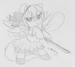 Size: 1199x1063 | Tagged: safe, artist:abbystarling, deleted from derpibooru, derpibooru import, ponified, pegasus, pony, bipedal, clothes, konpaku youmu, mary janes, monochrome, shoes, sketch, skirt, solo, sword, touhou, traditional art, wakizashi, weapon