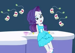 Size: 6640x4664 | Tagged: safe, artist:punzil504, derpibooru import, rarity, discordant harmony, eqg summertime shorts, equestria girls, make up shake up, absurd resolution, clothes, counter, cup, dress, ginseng teabags, leaning back, lidded eyes, solo, teacup