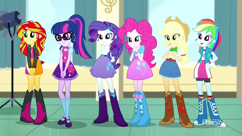 Size: 1280x720 | Tagged: safe, derpibooru import, screencap, applejack, pinkie pie, rainbow dash, rarity, sci-twi, sunset shimmer, twilight sparkle, eqg summertime shorts, equestria girls, pet project, boots, glasses, happy, shoes, smiling