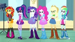 Size: 1280x720 | Tagged: safe, derpibooru import, screencap, applejack, pinkie pie, rainbow dash, rarity, sci-twi, sunset shimmer, twilight sparkle, eqg summertime shorts, equestria girls, pet project, boots, glasses, happy, shoes, smiling