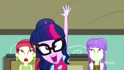 Size: 1280x720 | Tagged: safe, derpibooru import, screencap, rose heart, sci-twi, starlight, twilight sparkle, eqg summertime shorts, equestria girls, subs rock, bowtie, excited, glasses, hand
