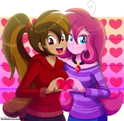 Size: 1560x1520 | Tagged: safe, artist:the-butch-x, derpibooru import, oc, oc:contralto, oc:cupcake slash, unofficial characters only, equestria girls, clothes, commission, disguised siren, female, heart, heart hands, hoodie, lesbian, looking at you, oc x oc, shipping, smiling, wubcake