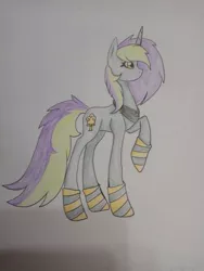 Size: 384x512 | Tagged: safe, artist:darkgalaxy, derpibooru import, oc, oc:frenzy nuke, unofficial characters only, pony, unicorn, clothes, collar, female, socks, standing, striped socks, traditional art