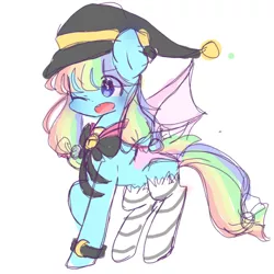 Size: 768x768 | Tagged: safe, artist:windymils, derpibooru import, oc, oc:candy bite, unofficial characters only, bat pony, pony, clothes, colored sketch, colored wings, female, hat, mare, neck bow, one eye closed, simple background, sketch, socks, solo, white background, wink, witch hat