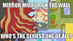 Size: 750x422 | Tagged: safe, derpibooru import, screencap, sunset shimmer, eqg summertime shorts, equestria girls, monday blues, actually pretty funny, finger gun, finger guns, image macro, mane 'n tail, meme, mirror, snow white and the seven dwarfs, solo, sunset's apartment