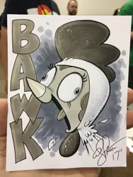 Size: 768x1024 | Tagged: safe, artist:andypriceart, derpibooru import, pinkie pie, pony, andy you magnificent bastard, animal costume, bawk, chicken pie, chicken suit, clothes, costume, derp, partial color, pinkie being pinkie, pinkie derp, traditional art