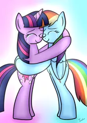 Size: 2480x3507 | Tagged: safe, artist:twidasher, derpibooru import, rainbow dash, twilight sparkle, pegasus, pony, unicorn, crying, eyes closed, female, hug, lesbian, mare, shipping, tears of joy, twidash