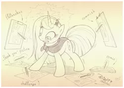 Size: 1066x758 | Tagged: safe, artist:sherwoodwhisper, derpibooru import, oc, oc:eri, unofficial characters only, mouse, pony, unicorn, cape, clenched teeth, clothes, drawing, magic, monochrome, multitasking, pencil, pencil sharpener, solo, telekinesis, traditional art