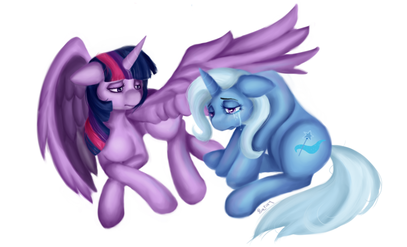 Size: 2900x1761 | Tagged: safe, artist:hakuna-yer-tatas, derpibooru import, trixie, twilight sparkle, twilight sparkle (alicorn), alicorn, pony, unicorn, comforting, crying, female, lesbian, mare, sad, shipping, twixie