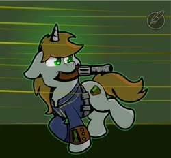 Size: 679x629 | Tagged: safe, artist:moonlightfan, derpibooru import, oc, oc:littlepip, unofficial characters only, pony, unicorn, fallout equestria, fanfic, clothes, cutie mark, fanfic art, female, floppy ears, gun, handgun, hooves, horn, little macintosh, mare, mouth hold, optical sight, pipbuck, revolver, simple background, solo, vault suit, weapon
