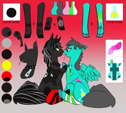 Size: 5000x4500 | Tagged: safe, artist:koatei, derpibooru import, oc, oc:nightshade eclipse, oc:sunny dew, unofficial characters only, bat pony, bat pony unicorn, hybrid, pegasus, pony, unicorn, vampire, wingless bat pony, absurd resolution, beanie, boop, clothes, ear piercing, earring, eyebrow piercing, gay, glasses, hat, jacket, jewelry, leather jacket, leg warmers, lip bite, male, noseboop, oc x oc, piercing, reference sheet, shipping, skull, snake bites, stallion, tattoo, tongue piercing, wing piercing