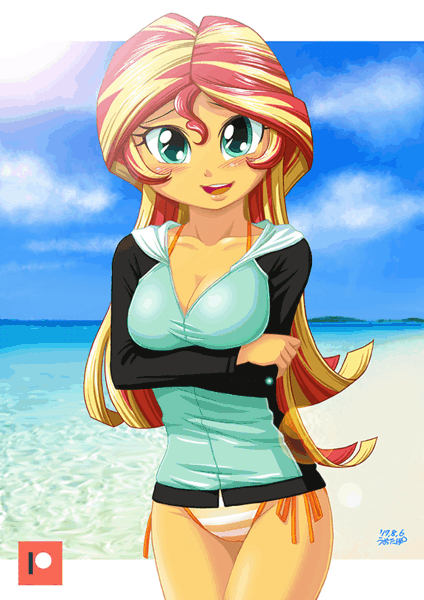 Size: 572x810 | Tagged: questionable, artist:uotapo, derpibooru import, edit, sunset shimmer, equestria girls, adorasexy, animated, beach, beach babe, belly button, bicolor swimsuit, bikini, bikini babe, blushing, breasts, busty sunset shimmer, cameltoe, clothes, cloud, cute, female, gif, jacket, looking at you, ocean, orange swimsuit, sexy, shimmerbetes, side-tie bikini, sky, smiling, solo, solo female, string bikini, striped swimsuit, swimsuit, underass, uotapo is trying to murder us, water