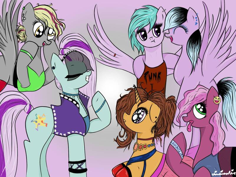Size: 1600x1200 | Tagged: safe, artist:vinviasshine, derpibooru import, cloudchaser, coloratura, derpy hooves, flitter, saffron masala, earth pony, pegasus, pony, unicorn, :i, alternate hairstyle, choker, clothes, countess coloratura, dyed mane, ear piercing, earring, eyes closed, eyeshadow, female, group, hair dye, horn piercing, hot topic, jewelry, makeup, mane dye, mare, necklace, open mouth, piercing, punk, shirt, socks, wristband
