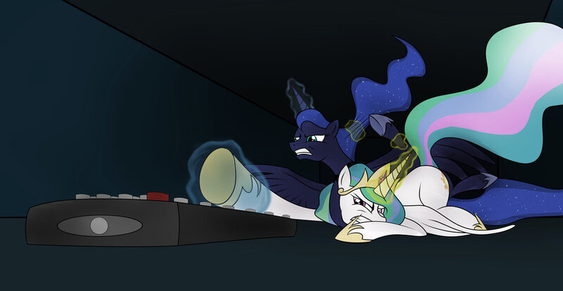 Size: 1024x528 | Tagged: safe, artist:theravencriss, derpibooru import, princess celestia, princess luna, alicorn, pony, duo, female, fight, magic, mare, remote, remote control, royal sisters