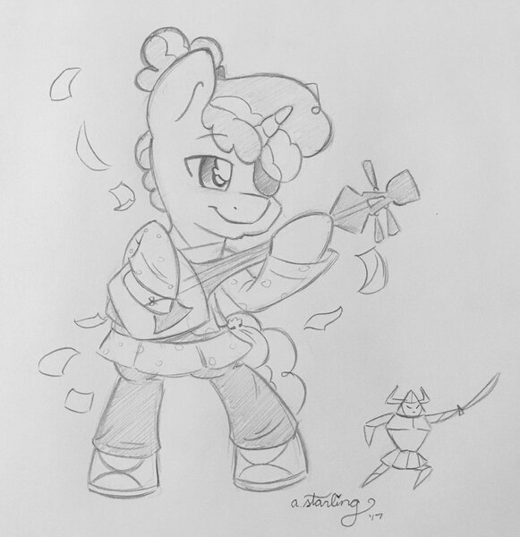 Size: 1161x1200 | Tagged: safe, artist:abbystarling, deleted from derpibooru, derpibooru import, party favor, pony, clothes, eyepatch, grayscale, hanzo, kubo and the two strings, monochrome, origami, pants, shamisen, shoes, solo, traditional art