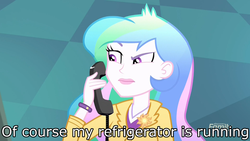 Size: 1920x1080 | Tagged: safe, derpibooru import, edit, edited screencap, screencap, princess celestia, eqg summertime shorts, equestria girls, subs rock, celestia calls, image macro, meme, phone, piercing, prank call, principal celestia