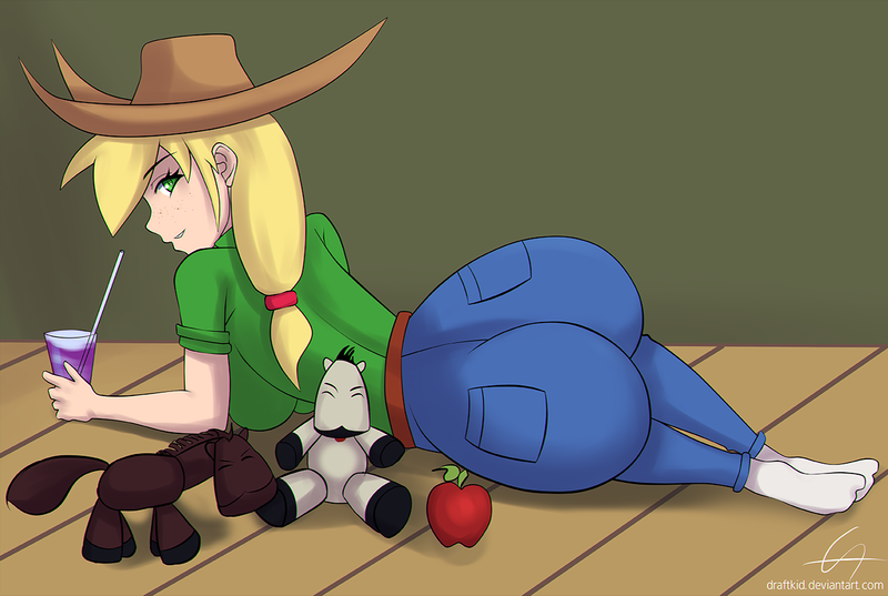 Size: 1289x865 | Tagged: apple, applebucking thighs, applebutt, applejack, artist:draftkid, ass, breasts, busty applejack, clothes, derpibooru import, drink, female, food, human, humanized, looking at you, looking back, plushie, rear view, solo, solo female, suggestive, the ass was fat