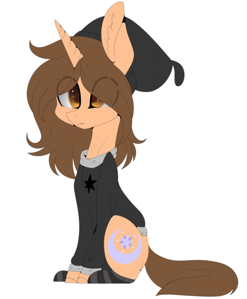 Size: 3720x4500 | Tagged: safe, artist:hyshyy, derpibooru import, oc, oc:tiffany, unofficial characters only, pony, unicorn, beanie, clothes, female, hat, high res, mare, simple background, sitting, socks, solo, striped socks, sweater, transparent background