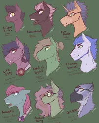Size: 1700x2100 | Tagged: safe, artist:dino_horse, deleted from derpibooru, derpibooru import, oc, oc:acoustic, oc:arrowhead, oc:aurora song, oc:fire ruby, oc:flaming streak, oc:grindle, oc:kindred spirit, oc:lite step, oc:silent strike, unofficial characters only, gryphon, beanie, bowtie, glasses, green background, hat, headphones, reference sheet, simple background
