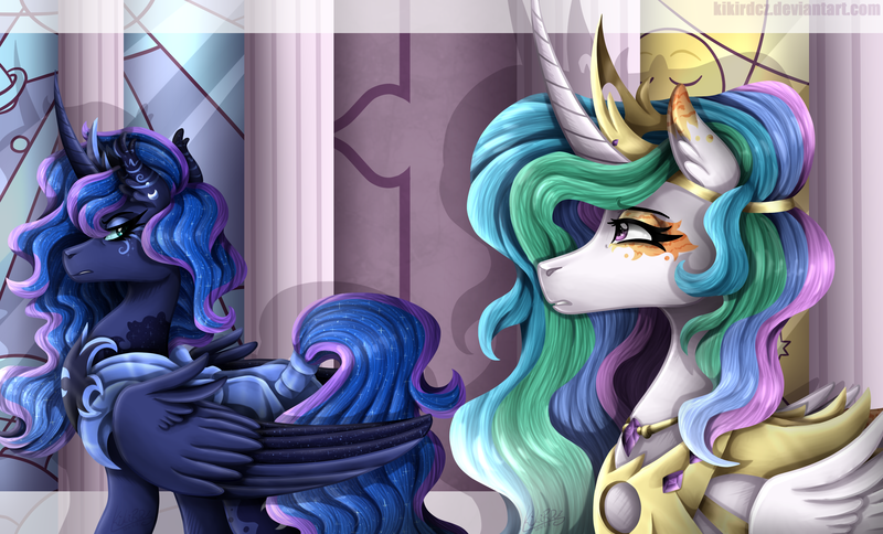 Size: 2400x1452 | Tagged: safe, artist:kikirdcz, derpibooru import, princess celestia, princess luna, alicorn, pony, alternate design, armor, colored wings, crown, curved horn, eyeshadow, female, hoers, jewelry, makeup, mare, multicolored wings, regalia, royal sisters, sisters