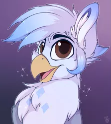 Size: 885x990 | Tagged: safe, artist:meggchan, derpibooru import, oc, oc:ganix, unofficial characters only, gryphon, bust, chest fluff, cute, eared griffon, fluffy, image, looking at you, male, png, simple background, solo, sparkles