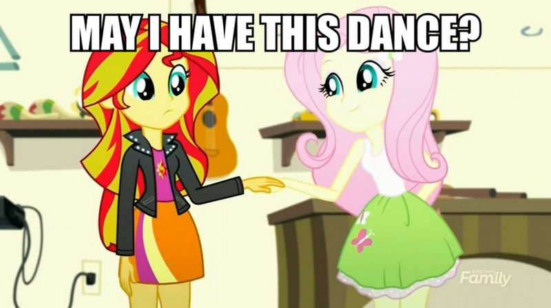 Size: 892x500 | Tagged: safe, derpibooru import, screencap, fluttershy, sunset shimmer, eqg summertime shorts, equestria girls, pet project, holding hands, image macro, implied lesbian, implied sunshyne, meme