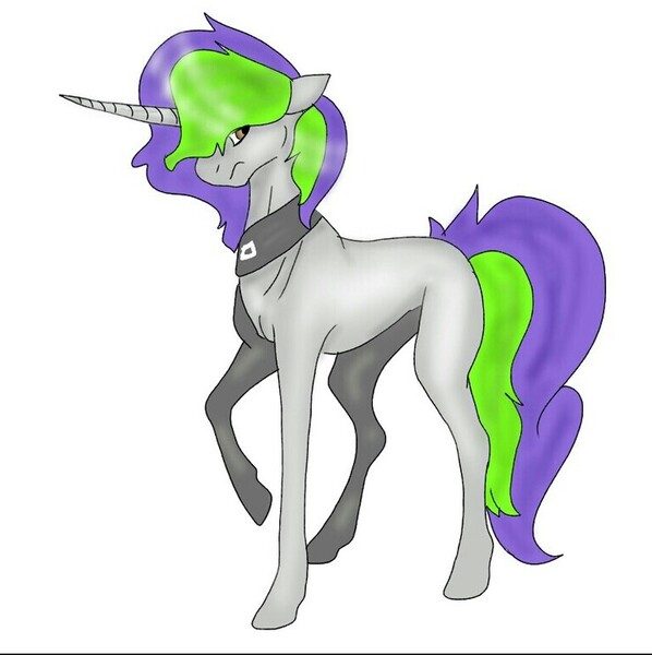 Size: 738x740 | Tagged: safe, artist:maydeathdousapart, derpibooru import, oc, oc:frenzy nuke, unofficial characters only, pony, unicorn, collar, female, simple background, standing, white background