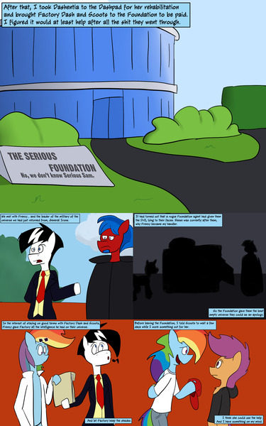 Size: 2560x4096 | Tagged: safe, artist:7thdementia, derpibooru import, rainbow dash, scootaloo, oc, oc:frenzy, oc:general irons, pony, ask factory scootaloo, building, clothes, comic, document, factory scootaloo, lab coat, rainbow factory dash, serious rainbow, silhouette, vulgar