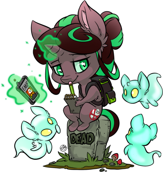 Size: 1012x1069 | Tagged: safe, artist:kez, derpibooru import, oc, oc:ghost hunter, unofficial characters only, ghost, pony, unicorn, backpack, female, gravestone, mare, pencil, simple background, solo, transparent background