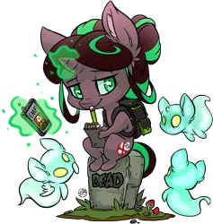 Size: 1012x1069 | Tagged: safe, artist:kez, derpibooru import, oc, oc:ghost hunter, unofficial characters only, ghost, pony, unicorn, backpack, female, gravestone, mare, pencil, simple background, solo, transparent background