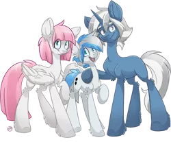 Size: 2179x1808 | Tagged: safe, artist:kez, derpibooru import, oc, oc:little tinker, unofficial characters only, earth pony, pegasus, pony, unicorn, family, parent, simple background, transparent background